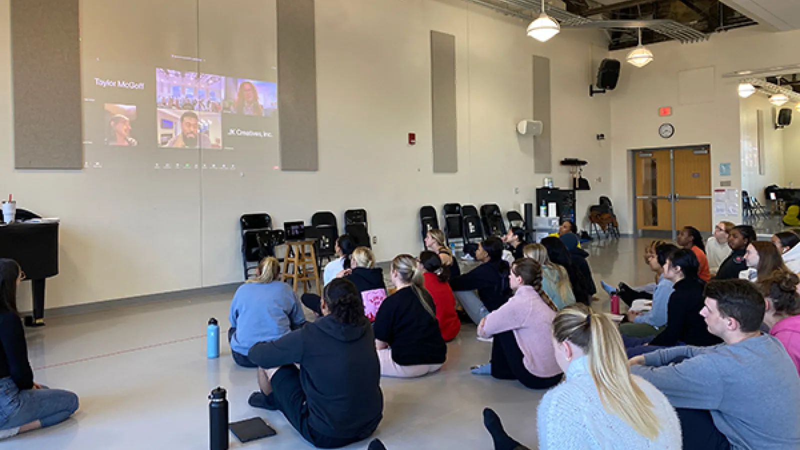 Students sitting on floor of dance studio