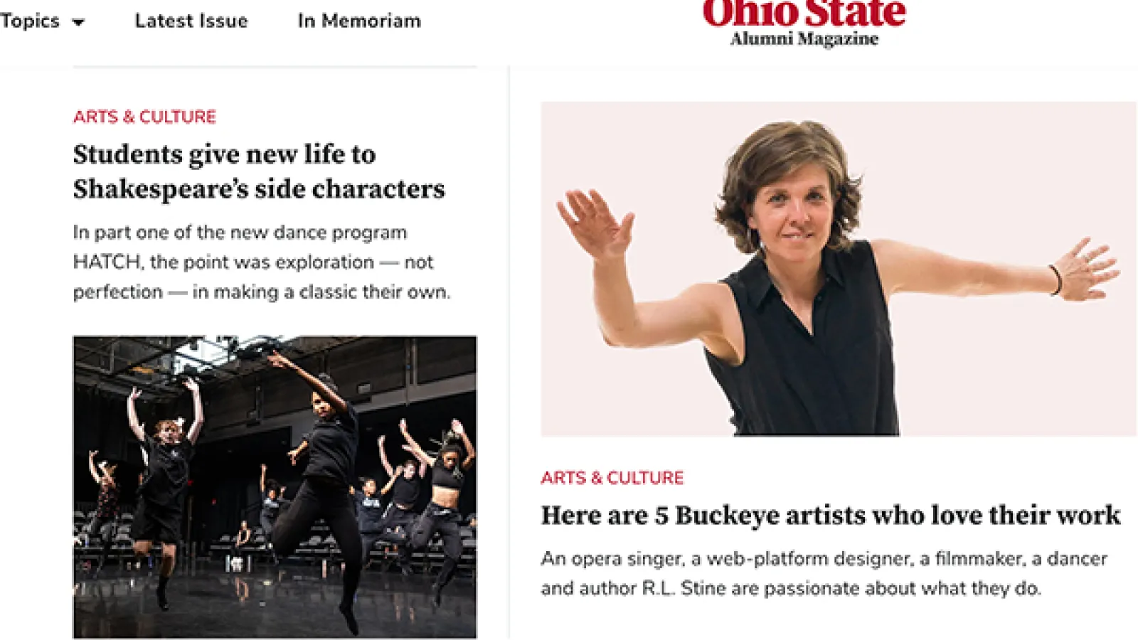 Alumni magazine screen shot of dancers
