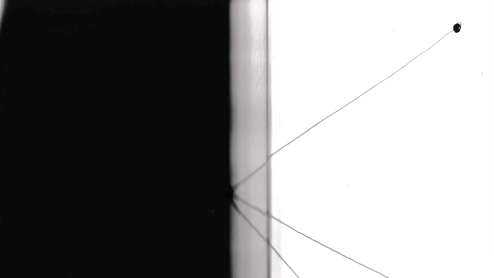 A black and white image, half of the frame is filled with black and the other is white with thin lines drawn out from the center.