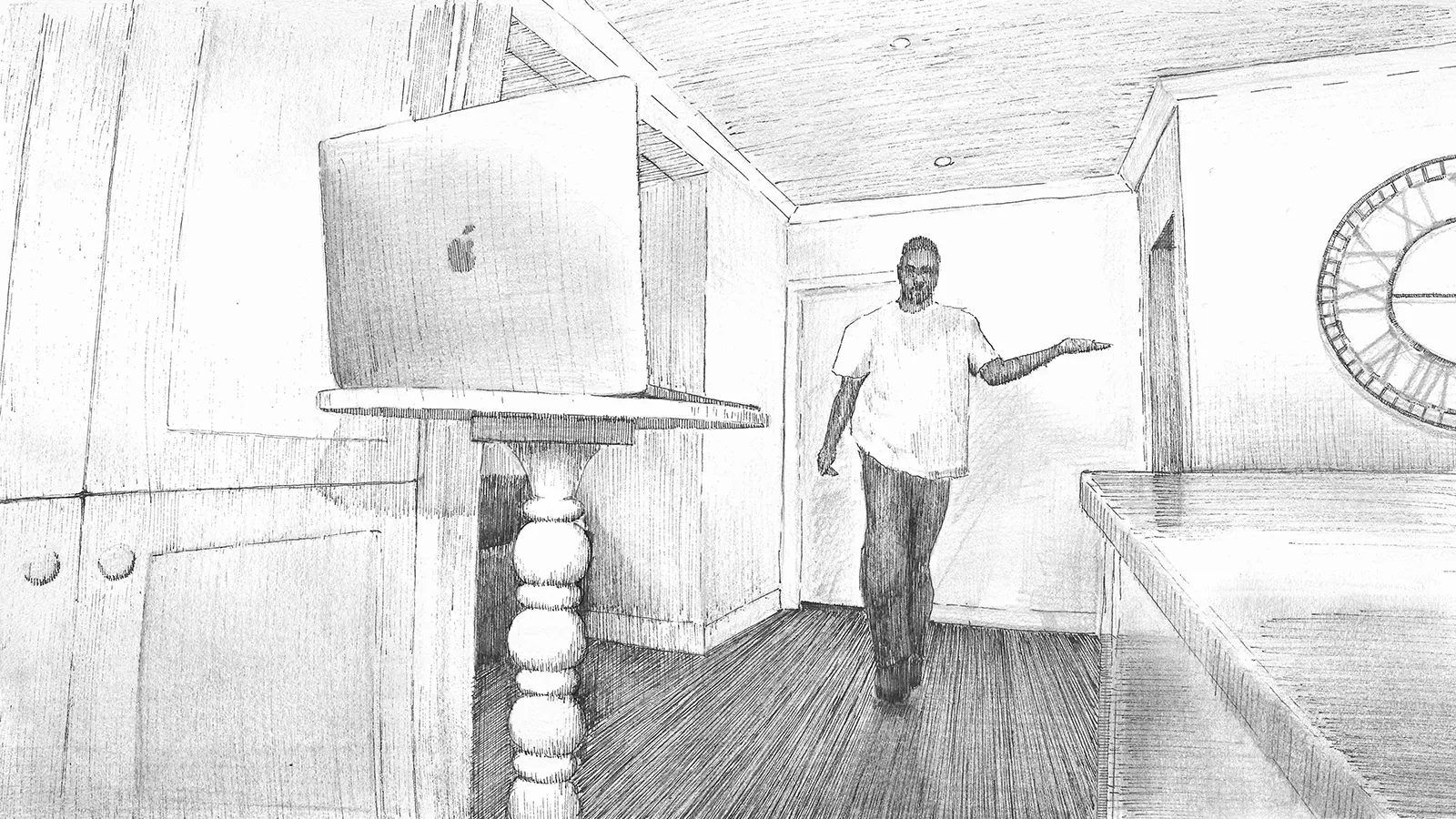 Sketch of man walking toward a laptop in a room