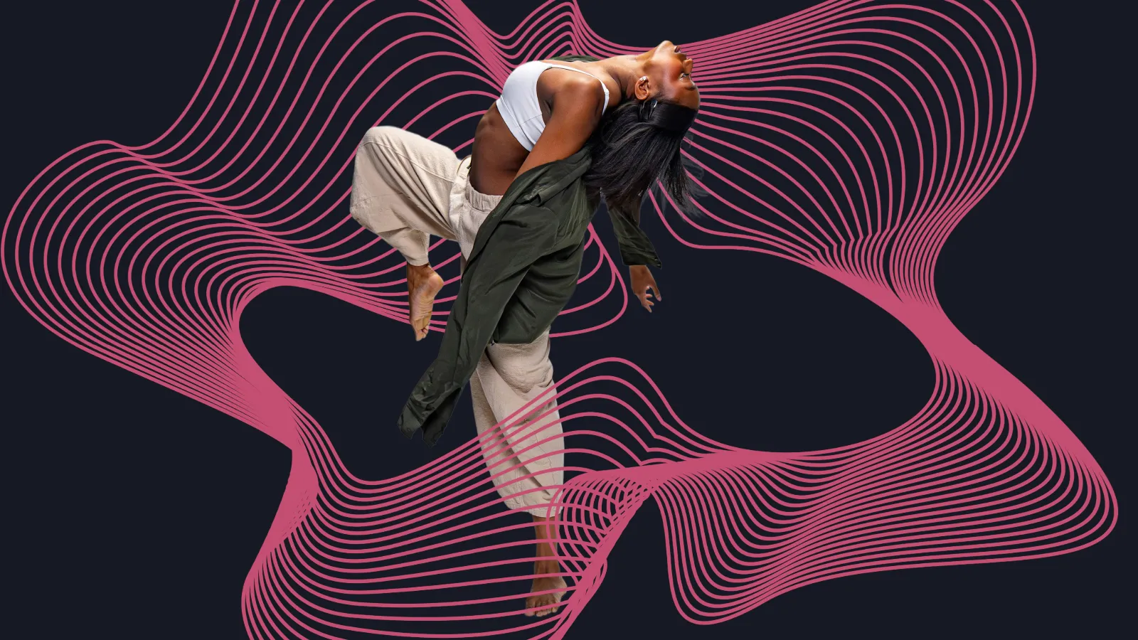 Graphic art with swirling purple lines over black background with dancer in the middle